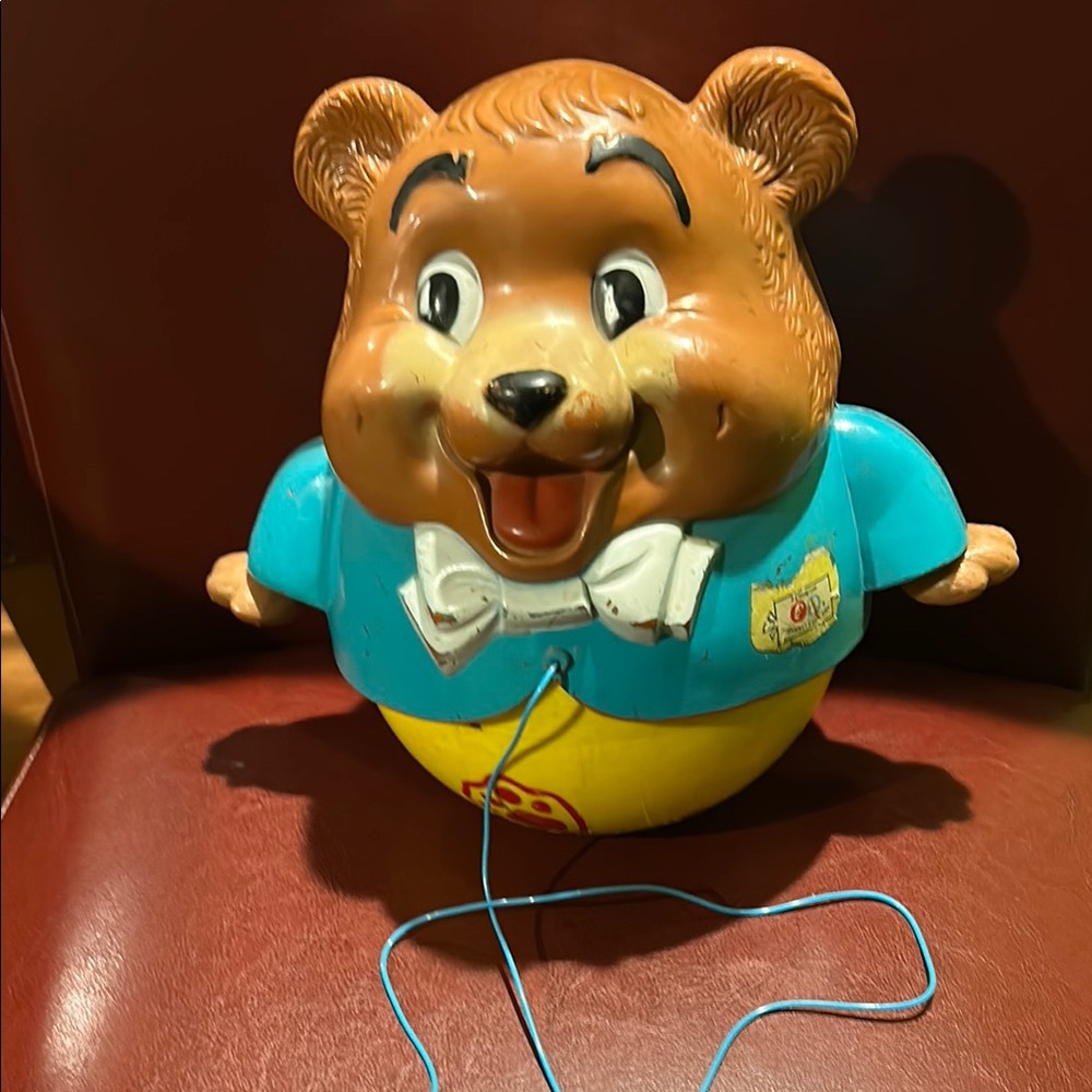Vintage Pull-Along Bear Toy - Brown, Blue, Yellow